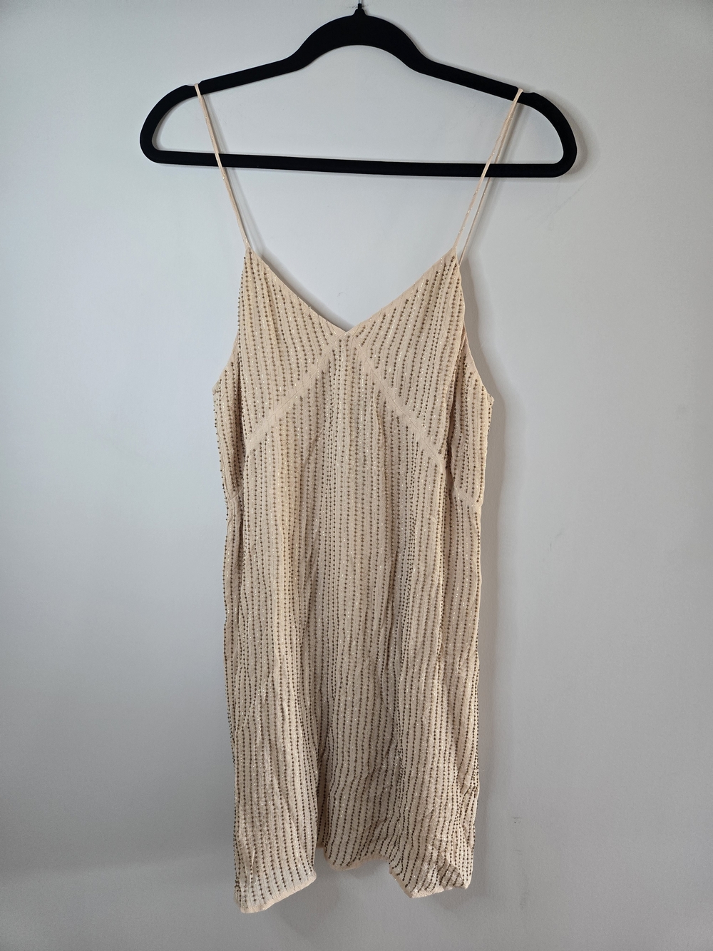 Zara tan + gold beaded slinky slip style mini dress, fully lined, small + new